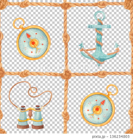 Watercolor nautical seamless pattern with anchor, binoculars, compass and ropes. Marine design with sailor tools in vintage style 136234803