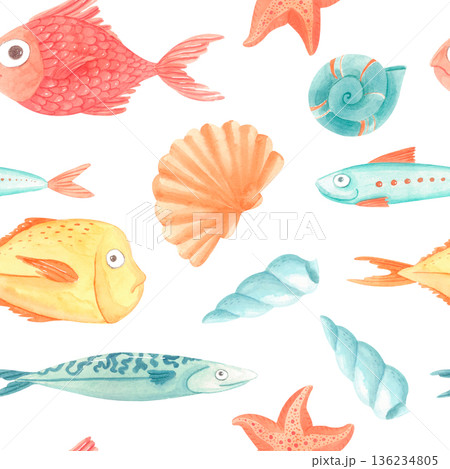 Watercolor marine seamless pattern with colorful fish, starfish and seashells on white background. Ocean design in cute style. 136234805