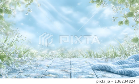 草原とピクニッククロスのある春の背景素材 136234824