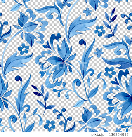 Seamless pattern of floral ornaments in folk style. Watercolor blue print. 136234955
