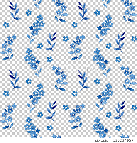 Seamless pattern of floral ornaments in folk style. Watercolor blue print. 136234957