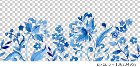Seamless border of floral ornaments in folk style. Watercolor blue frame 136234958