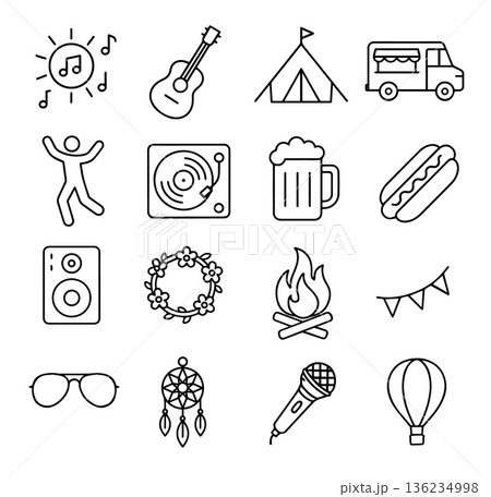 Summer festival and music event line icon set with guitar, tent, campfire, beer, food truck, and microphone. Vector outline illustration for celebration, outdoor party, travel, camping, and leisure 136234998