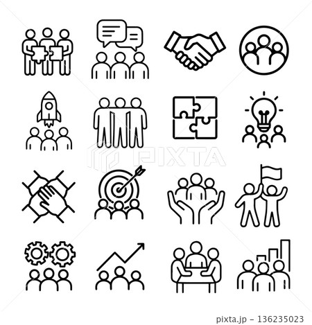 Set of line icons related to teamwork, management, business, and collaboration, featuring partnership and leadership symbols. Perfect for presentations, web design, infographics, and corporate 136235023