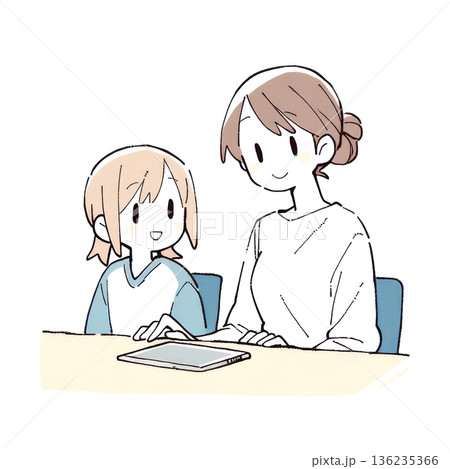 タブレットで勉強をする親子 136235366