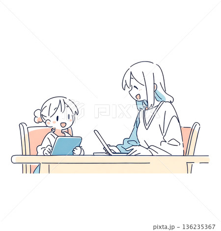 タブレットでオンライン学習をする親子 136235367