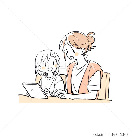 タブレットで勉強をする親子 136235368