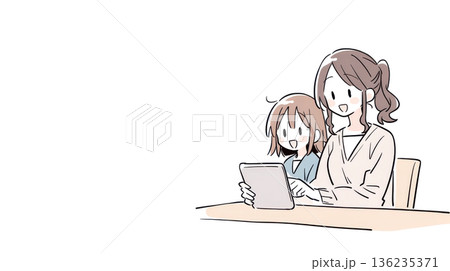 タブレットで勉強をする親子 136235371