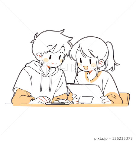タブレットで勉強をする兄弟 136235375