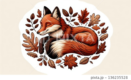 Sleeping Red Fox Surrounded by Autumn Leaves 136235528