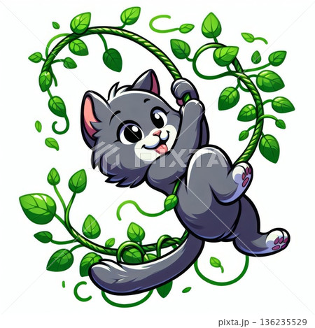 Playful Gray Kitten Climbing Green Vine 136235529