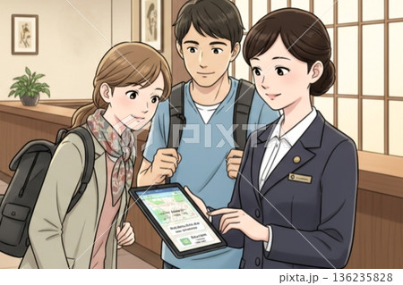 旅行者にタブレットで案内するスタッフ 136235828