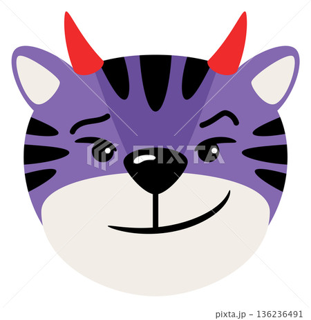 Purple cat with devil horns. Wicked tiger emoji 136236491