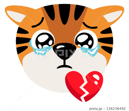 Crying tiger with broken heart. Sad animal emoji 136236492