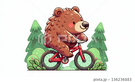 Adorable Brown Bear Riding a Red Bicycle in a Green Forest Adorable Brown Bear Riding a Red Bicycle in a Green Forest 136236883