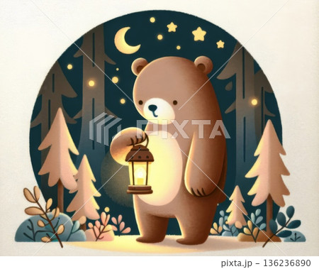 Cute Brown Bear Holding Lantern in Night Forest 136236890