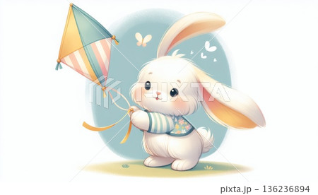 Cute White Bunny Holding a Pastel Kite 136236894