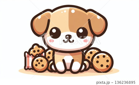 Adorable Brown Puppy with Cookies Cartoon Illustration 136236895