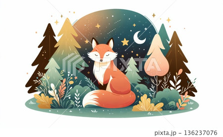 Orange Fox in Night Forest Illustration 136237076