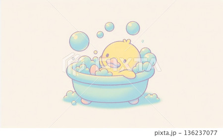 Cute Yellow Duckling in a Pastel Blue Bath with Bubbles 136237077