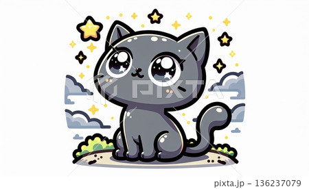 Adorable Grey Kitten Gazing at Stars in Pixel Art Night Sky 136237079