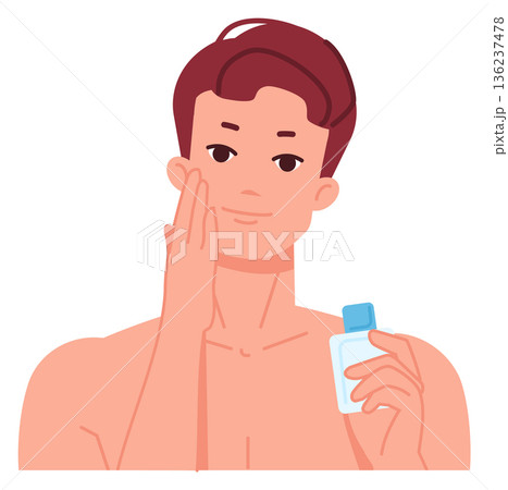 Man apply facial lotion. Face skincare routine Man apply facial lotion. Face skincare routine 136237478