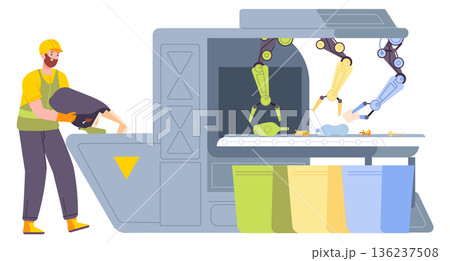 Garbage sorting machine. Recycling factory color illustration Garbage sorting machine. Recycling factory color illustration 136237508
