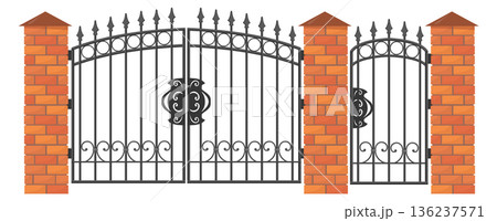 Decorative gates in brick barrier. Antique retro doorway Decorative gates in brick barrier. Antique retro doorway 136237571