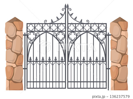 Mansion gates. Retro metal entrance with decorative ornament Mansion gates. Retro metal entrance with decorative ornament 136237579