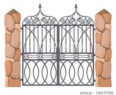 Iron gate on stone border. Wrought ornate decoration 136237588