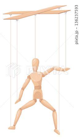 Wooden man manipulating with puppeteer strings. Human doll puppet 136237593