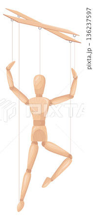 Human model puppet on puppeteer strings. Wooden doll dancing 136237597
