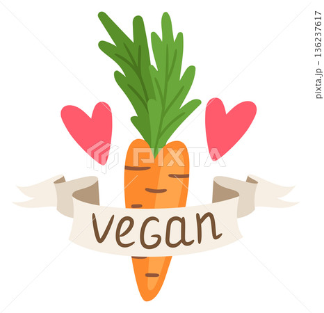 Natural lovely food label. Carrot with vegan ribbon Natural lovely food label. Carrot with vegan ribbon 136237617