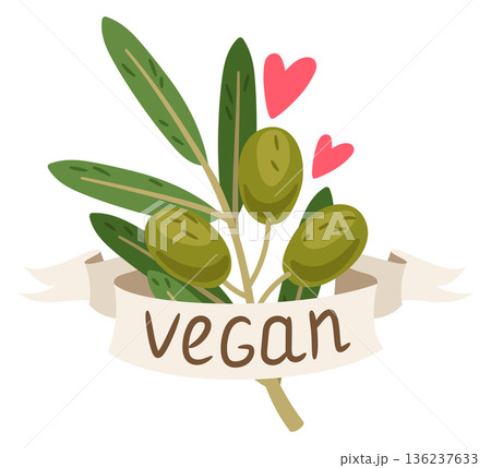 Vegan logo with organic fresh food. Vegetarian icon Vegan logo with organic fresh food. Vegetarian icon 136237633