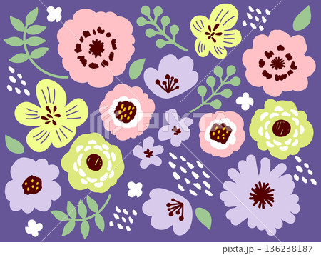 手描きボタニカル 花のイラストセット(パステルカラー×背景暗色) 136238187