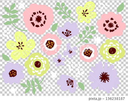 手描きボタニカル 花のイラストセット(パステルカラー×背景暗色) 136238187