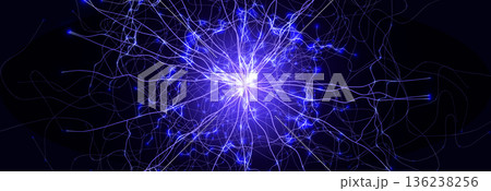 Brain Neural Network Flash AI Data Flow Technology Background Digital Net, Scientific Research. Science Medical Health Tech Banner. Nervous System Structure, Glowing Fractal. Vector Illustration 136238256