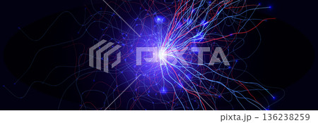 Neuron Firing Human Brain Neural Network Innovate Science Technology Background. Medical Neurology Bio Tech Scientific Research Banner Flash Glow Fractal. Blue AI Digital Net. Vector Illustration 136238259