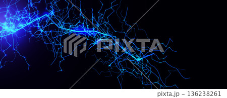 Lightning Thunderbolt Strike Black Night Background, Blue Glow Light Effect Thunder Bolt. Realistic Spark Lightening Discharge Burst, Electric Shock Current. Energy Charge Line. Vector Illustration. 136238261
