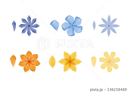 A vibrant display of watercolor flowers and petals. Six different floral illustrations in blue, purple, orange, and yellow appear with loose petals. 136238489