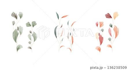 Three unique watercolor leaf arrangements appear on a plain white background. Each delicate plant features thin stems and soft, colorful foliage in varying shades of green, orange, red, and brown. Three unique watercolor leaf arrangements appear on a plain white background. Each delicate plant features thin stems and soft, colorful foliage in varying shades of green, orange, red, and brown. 136238509