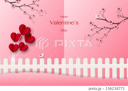 Valentine's Day card with cute cartoon bird couple on colorful garden Valentine's Day card with cute cartoon bird couple on colorful garden 136238771