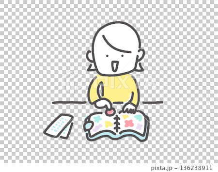 シール帳にシールを貼って楽しむ笑顔の女性　手描きのかわいい線画　シル活 136238911