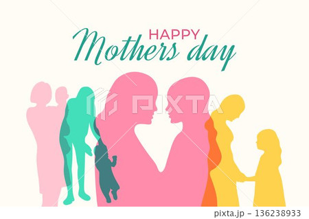 Happy Mother's Day concept vector illustration. Mother holding children in her arms. Silhouette design. 136238933