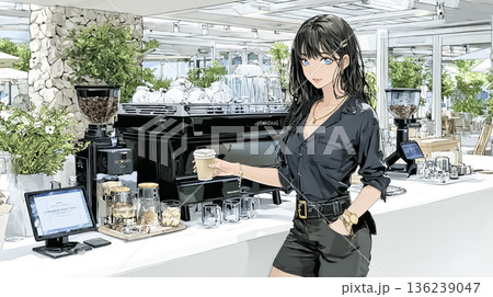 カフェでコーヒーを提供する女性スタッフ｜接客とおもてなしを表現したイラスト 136239047