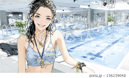 ホテルプールで監視業務を行う女性スタッフ｜安全管理とリゾートワークのイメージ 136239048