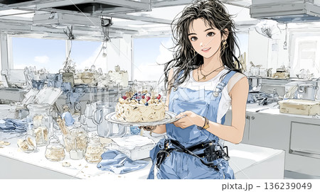 ケーキを運ぶ女性パティシエ｜製菓現場と丁寧な仕事を表現したイラスト 136239049