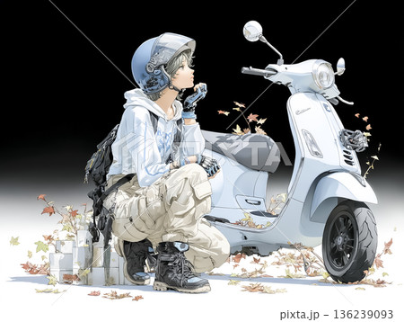 秋の風を感じてスクーターに寄り添う女性｜季節の移動と静かな時間を描いたイラスト 136239093