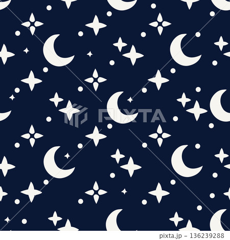 Celestial night sky background featuring white moon and star shapes on dark blue for textile prints and surface design.  136239288