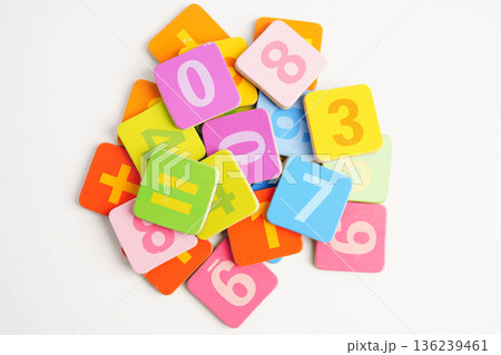 Number wood block cubes for learning Mathematic, education math concept. 136239461